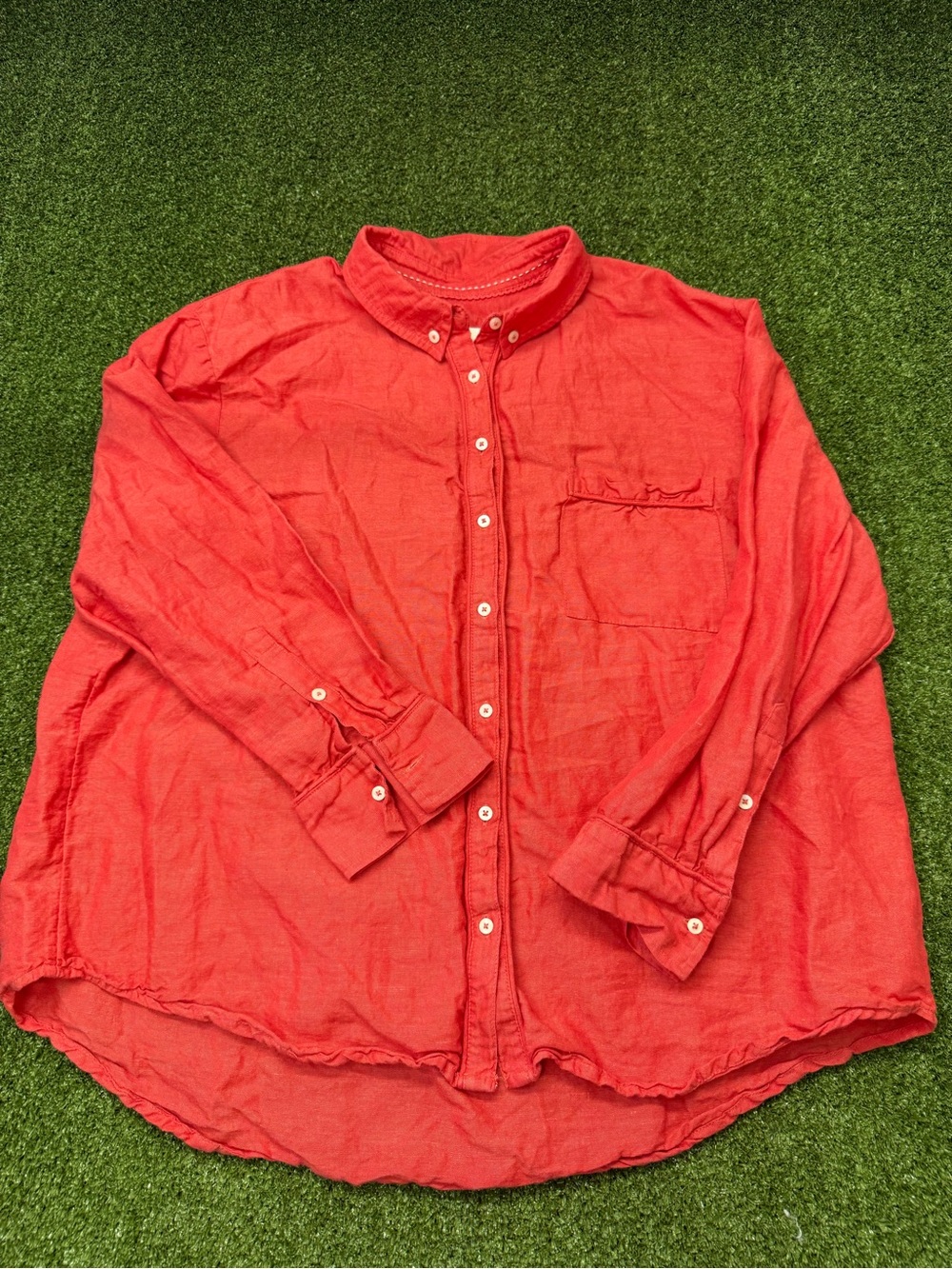 Maeve by Anthropologie Linen Blend Orange Red Button Down Blouse Top Oversize XL